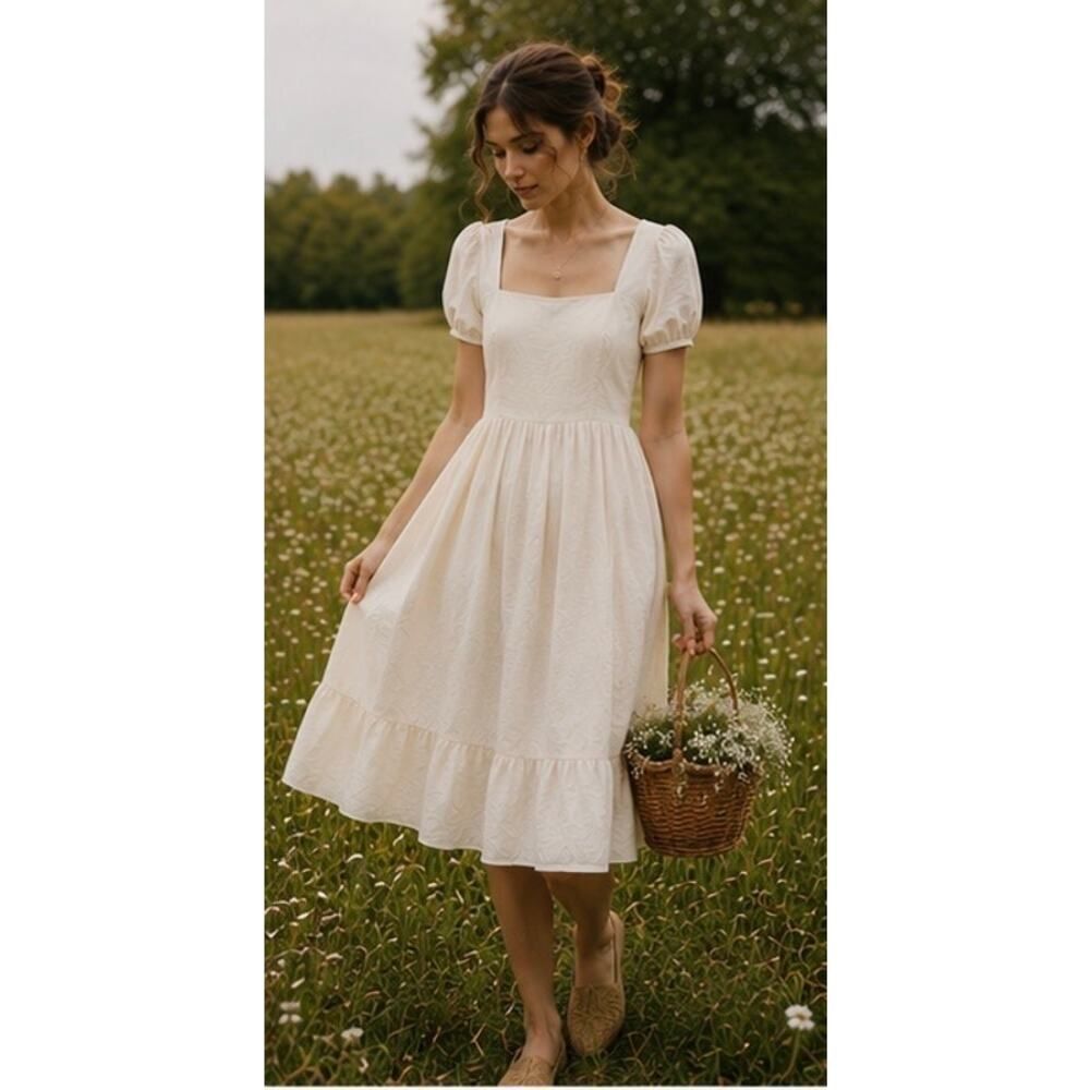 Hearts and Found Custom Linen Cottagecore Prairie Midi Dress Cream Ivory Small